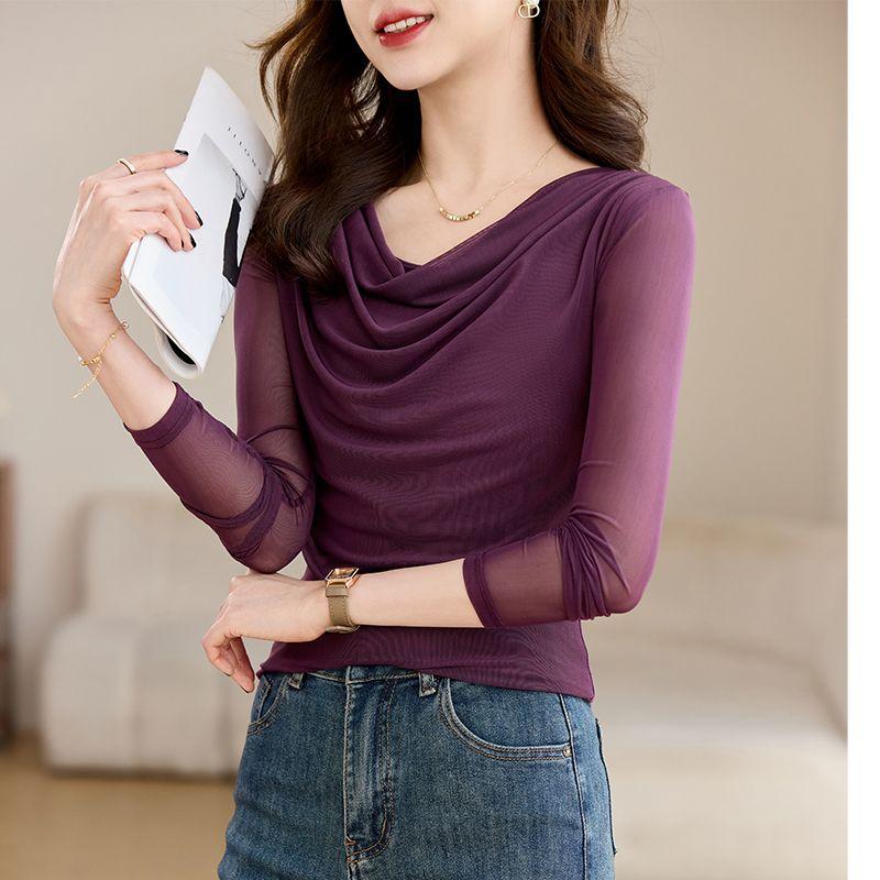 Autumn Elegant Slimming Blouse Women Long Sleeve Mesh Tops Fashion Drape Neck Slim Fit Tee Basic Shirt