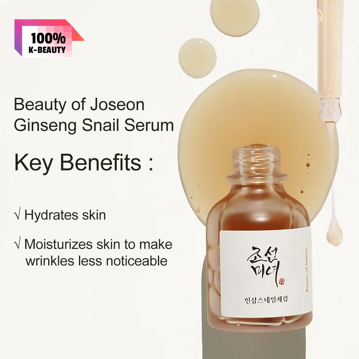 

Beauty of Joseon Ginseng Snail Serum 30ml, Deep Hydration, Nourishing, Smooth Skin, Fast Absorbing, K-Beauty, Korean Makeup 30ml