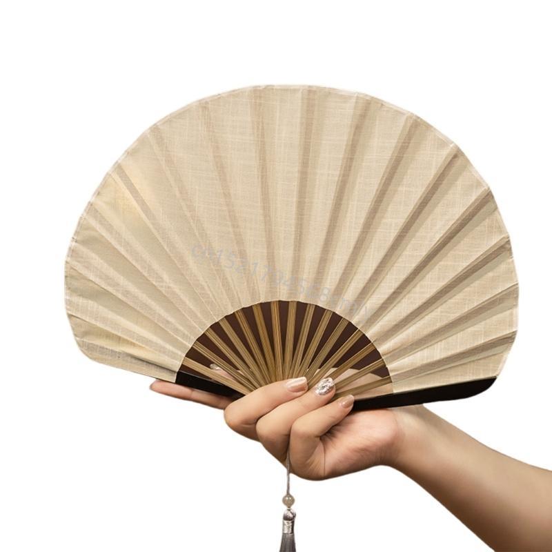 Solid Color Shell Fan Natural Fiber Fabric Foldable Breathable Handheld Retro Cooling Fan 6XDE