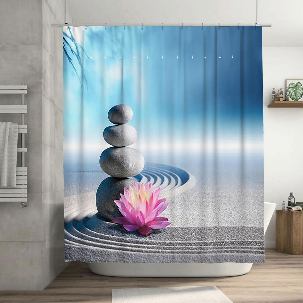 Zen Stones and Lotus Waterproof Shower Curtain Heat Resistant Machine Washable Non-Transparent 180x180cm