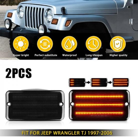 2PCS Dynamic Front Smoked LED Side Marker Lights Fit Jeep Wrangler TJ 1997-2006