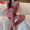 Langsheng Women's Thin Thermal Underwear Set - Round Neck Body-Sculpting Base Layer