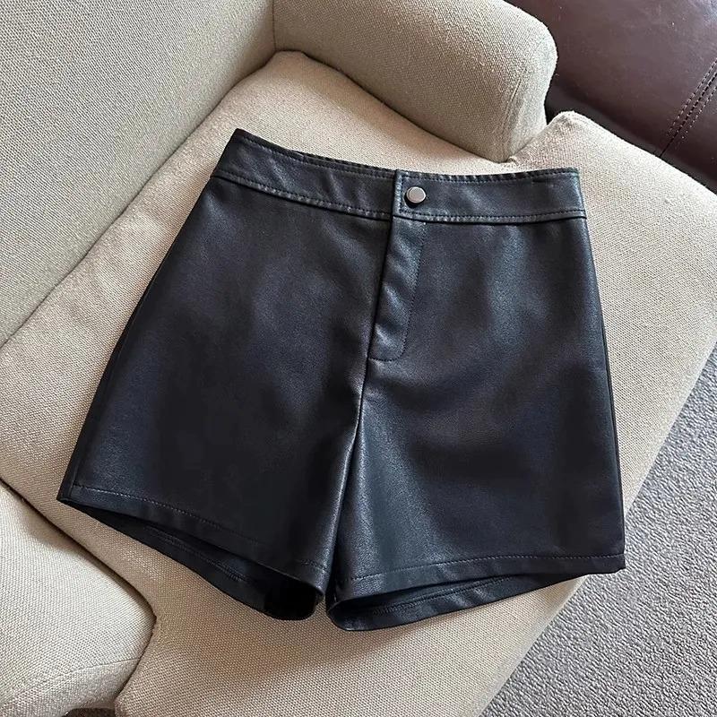 Women's High Waist PU Leather A-line Shorts - Autumn/Winter Slimming Bootcut Style