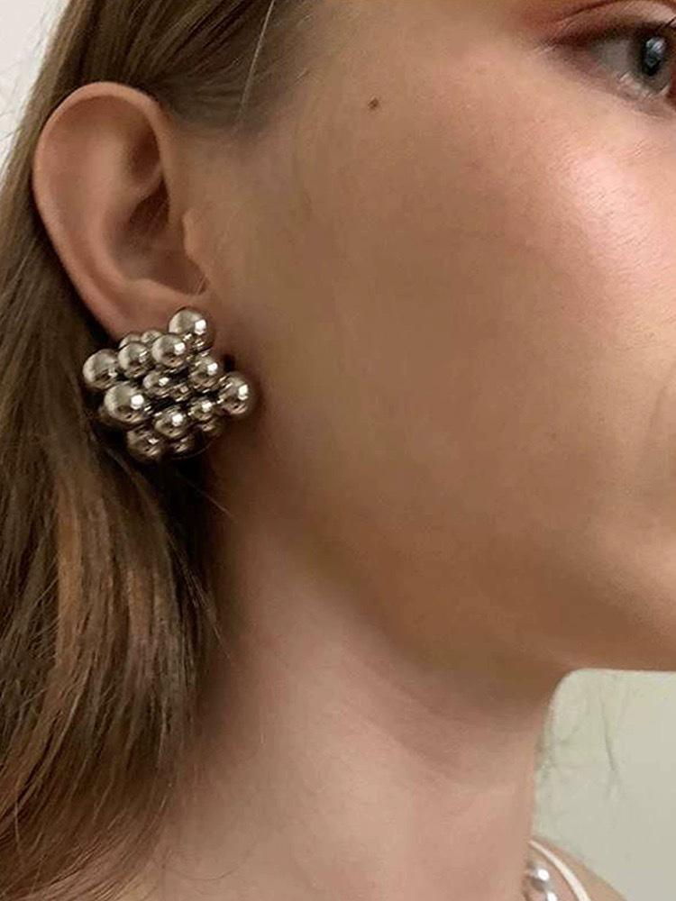 925 Sterling Silver Irregular Beaded Earrings with Textured Metal Balls – European/American Style, Exaggerated Fashion Design