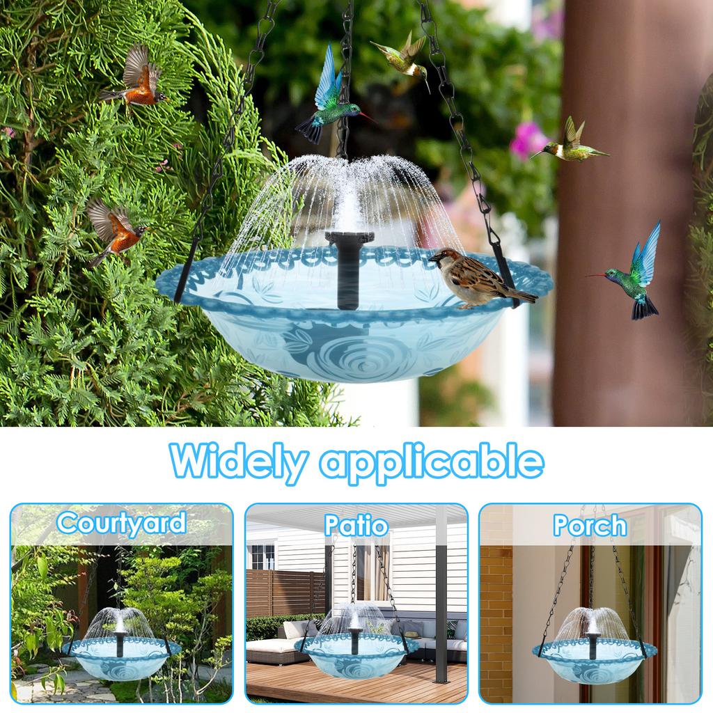 Solar Bird Bath Fountains Pump Plastic Outdoor Hanging Hummingbird Feeder Birdbath with Metal Hook Yard Patio Garden Decoration