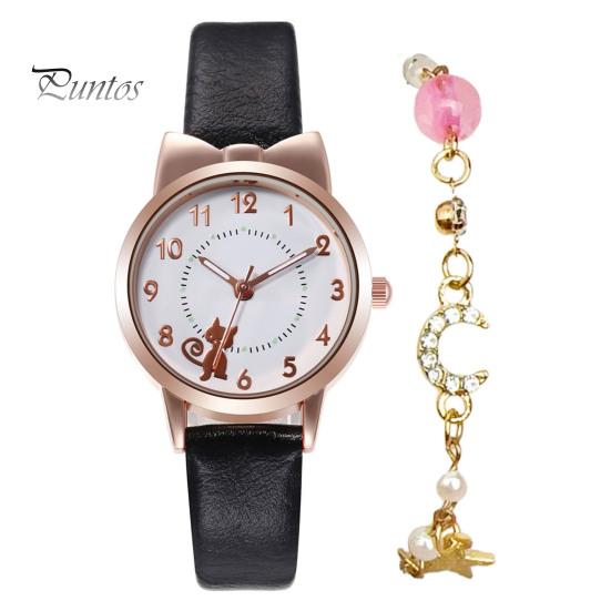 1 sada Dámské hodinky Star Moon náramek Kreslený kočičí motýlek Kulatý řemínek z umělé kůže Přesné Dívčí Studentské Křemenné hodinky Módní Šperky Narozeniny