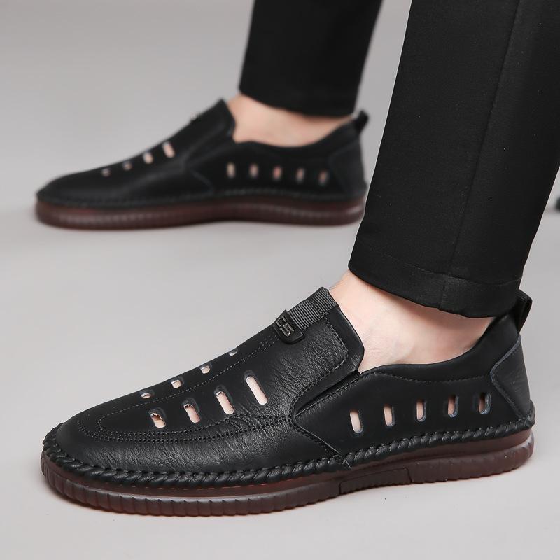 Men's hollow leather shoes men's 2025 summer soft-soled soft leather breathable lazy sandals hole shoes dad shoes