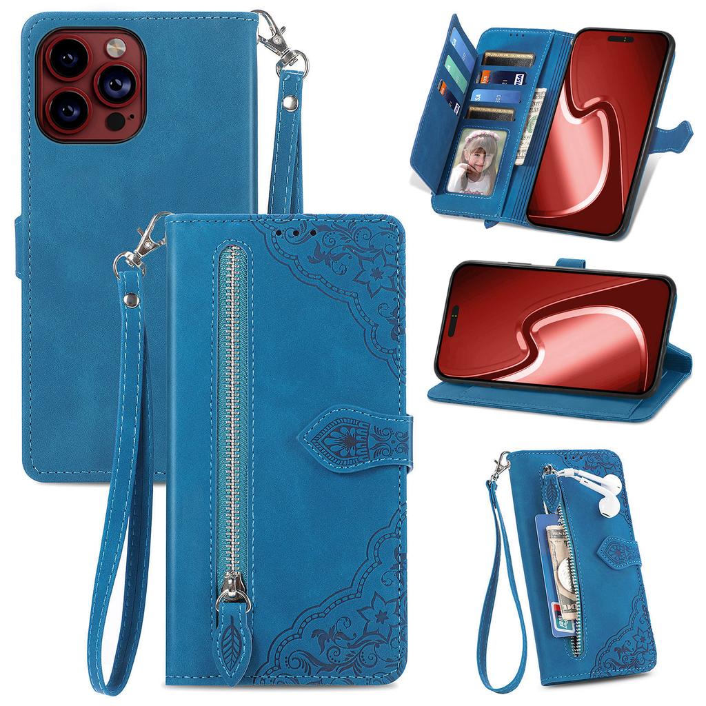 Embossing Flower Card Slots Flip Wallet Zipper Leather Case For iPhone 15 14 Plus 13 12 11 Pro Max for Samsung S24 S23 S22 S21 S20 Ultra Plus A15 A25