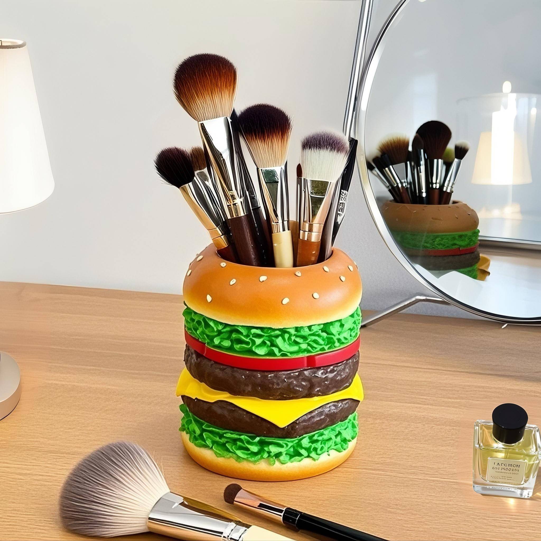 

Painted Replica Hamburger Resin Pencil Holder Dresser Makeup Brush Organizer Art Abstract Hamburg Pencil Holder Storage Shelf