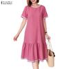 ZANZEA Women Casual Round Neck Solid Color Summer Short Sleeve Dress