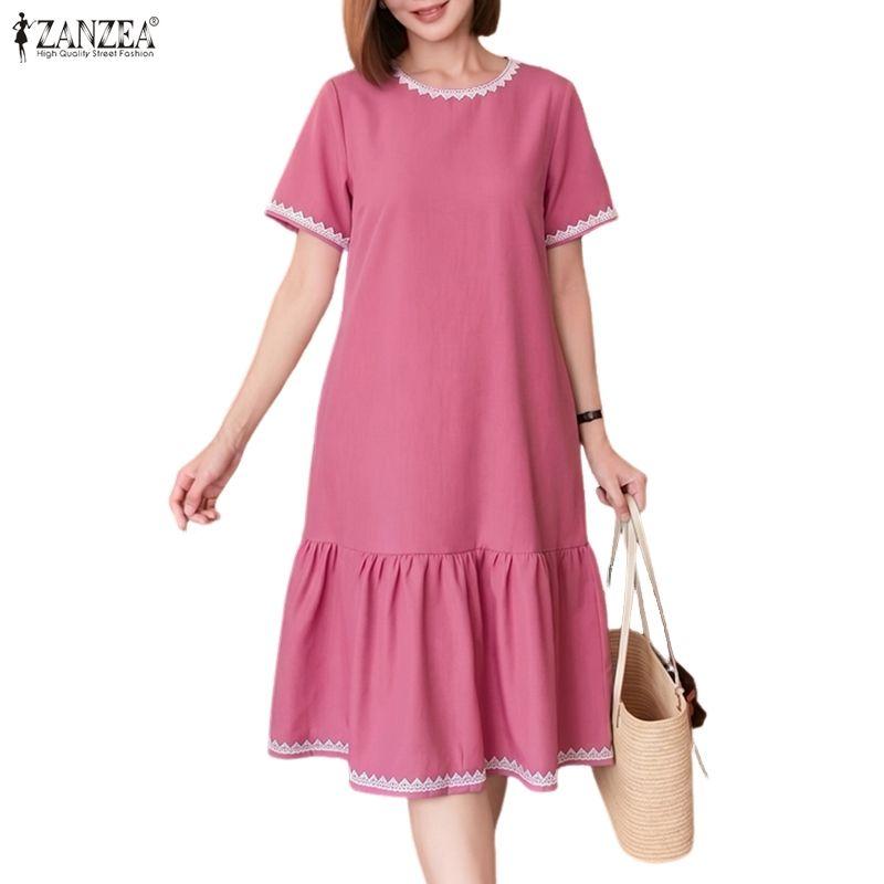 ZANZEA Women Casual Round Neck Solid Color Summer Short Sleeve Dress