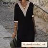 JPNTKY אופנה קיץ אביב צבע אחיד הדפס שרוולים קצרים 1/2 צווארון V שמלות קז'ואל