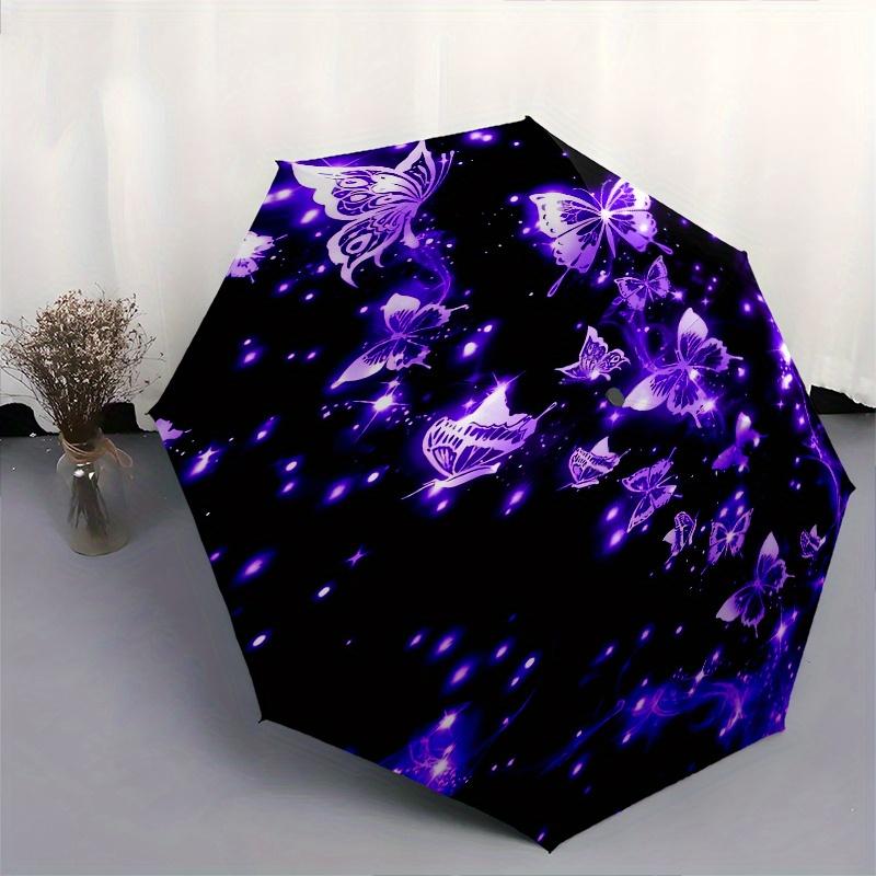 Butterfly, Sparkle Automatic Folding Umbrella 8 Ribs, Durable Iron Frame, Bright Color Pattern Compact Travel Umbrella, Suitable for Outdoo
