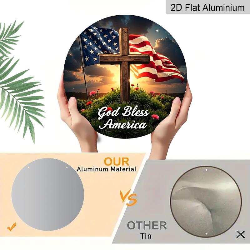 2D Flat, 1pc Round Aluminum "God Bless America" Sign, Sunset Cross & US Flag Metal Plaque, Waterproof & Rustproof, Perfect for Memorial Day, 4th of