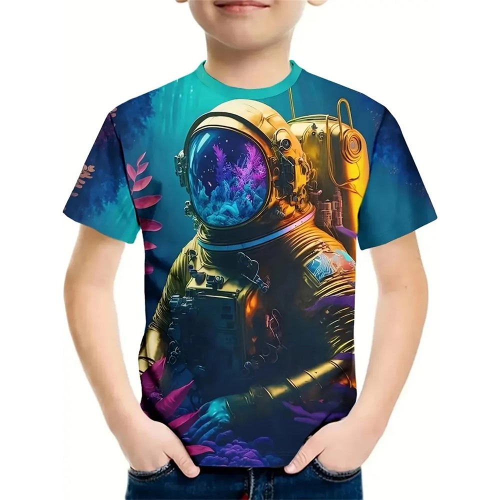 Fashionable Space Cartoon Pattern 3D Printed Boy Round Neck Short Sleeved T-shirt