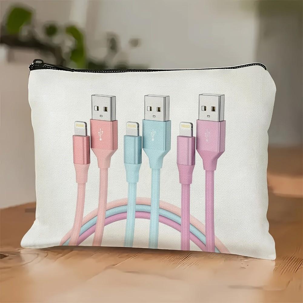 Canvas Charger Storage Pouch Print Design Zipper Closure Electronics Bag Large Capacity Cable Organizer Bag for Office Desk