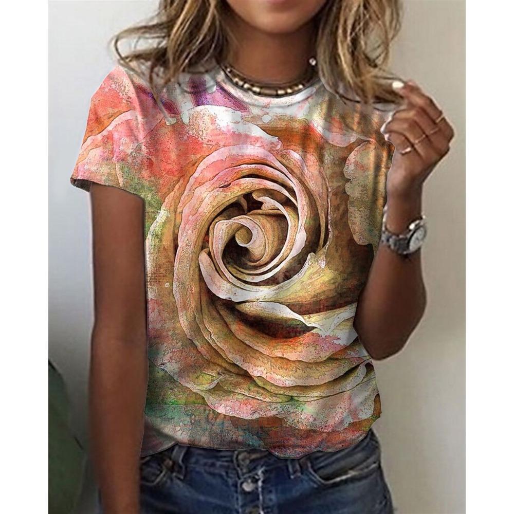 

Топ с круглым вырезом и 3D-принтом цветов, модные повседневные женские футболки с коротким рукавом - Мягкая полиэстеровая ткань средней эластичности, летняя одежда свободного кроя 6XL