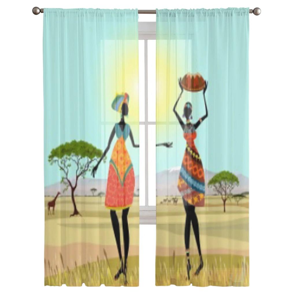 Afrikanische Frauen in Berglandschaft Gardinen für Schlafzimmer Wohnzimmer Tüllvorhänge für Küche Fenster Voile-Vorhänge