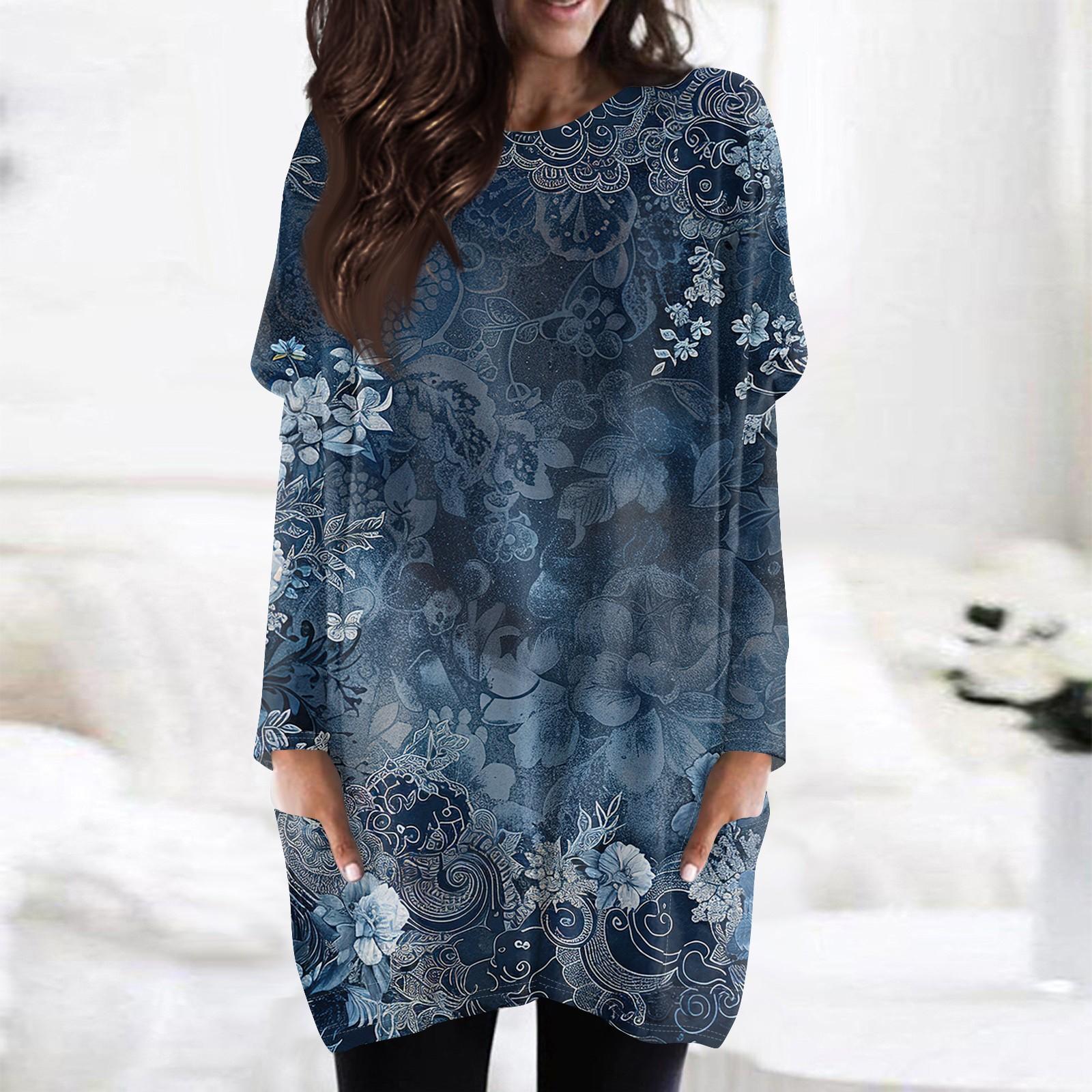 

Женская модная повседневная футболка с длинным рукавом и принтом, круглым вырезом и двойным карманом, топ XXXL тёмно-синий