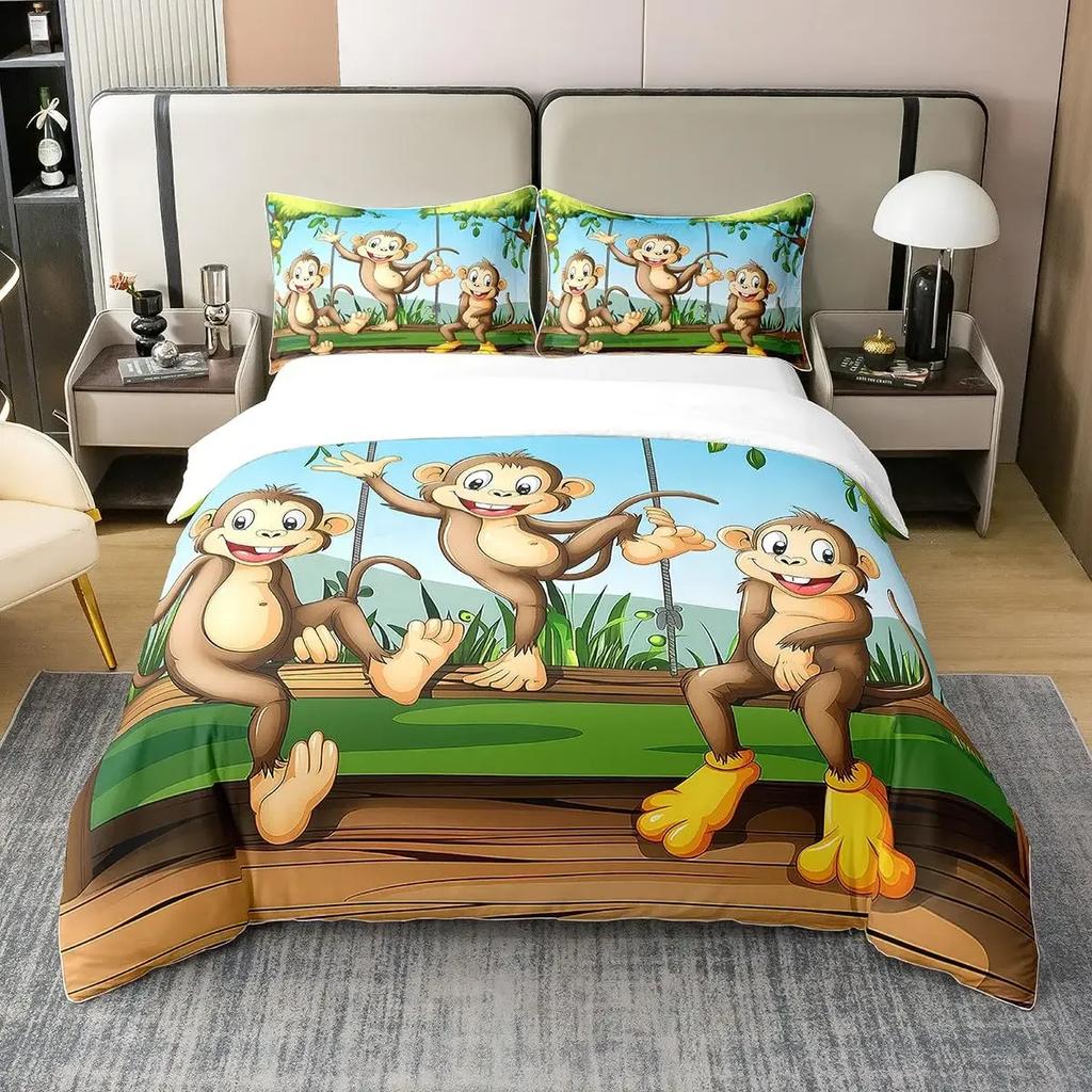 Set Copripiumino Scimmia Carina Set Biancheria da Letto Animale Cartone Animato per Bambini Set Biancheria da Letto Comodo e Caldo Adatto per Bambini Adolescenti