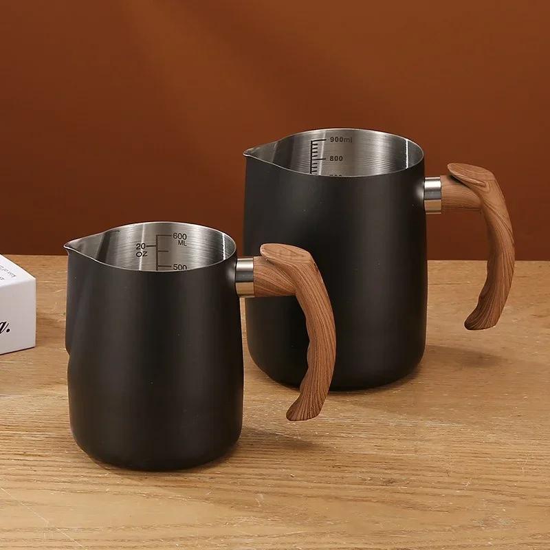 304 Stainless Steel Coffee Milk Frothing Pitcher Jug with Scale Wooden Handle Eagle Spout Latte Coffee Kitchen Cafe Accessories