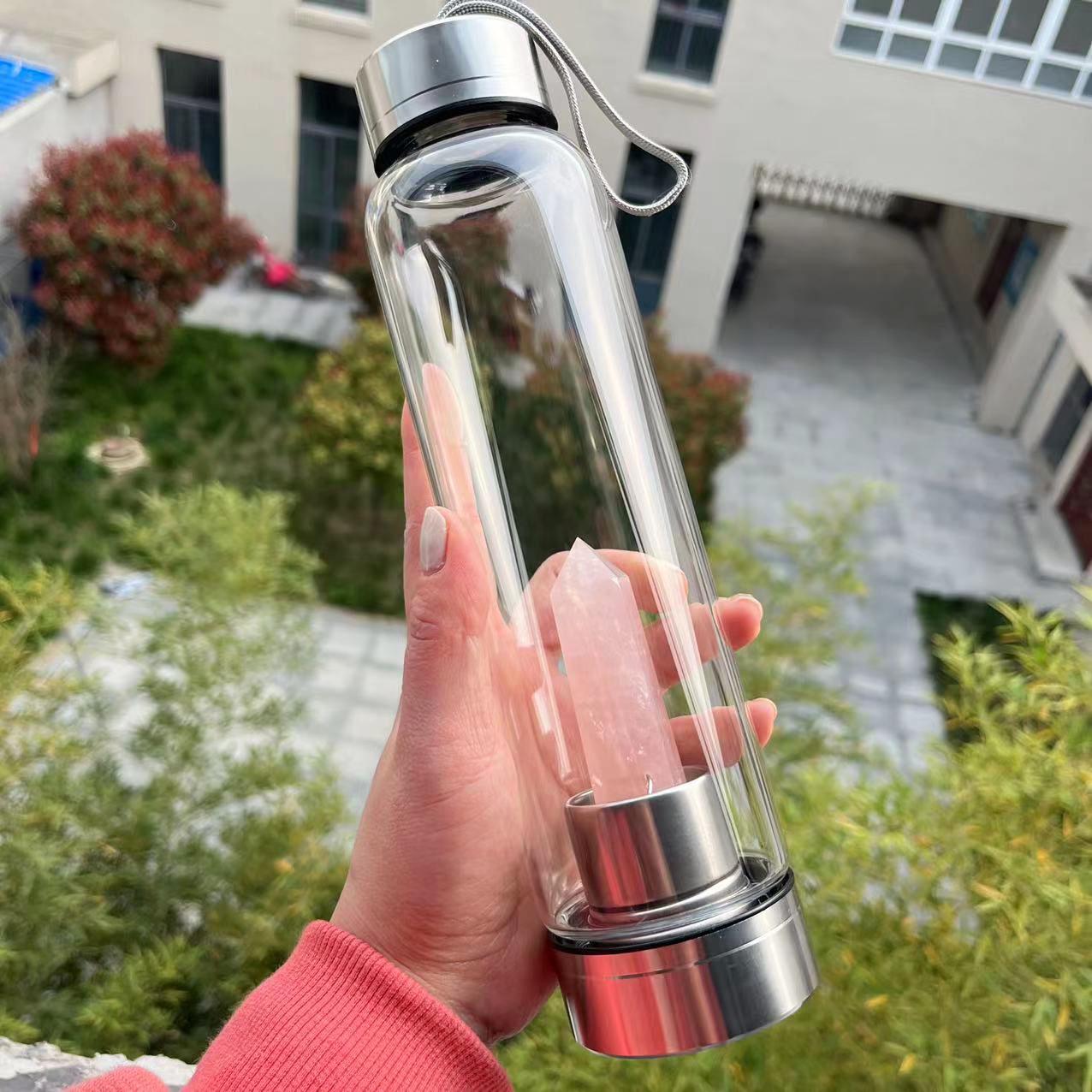 High Borosilicate Glass Water Bottle with White Amethyst Crystal Hexagonal Column Obsidian