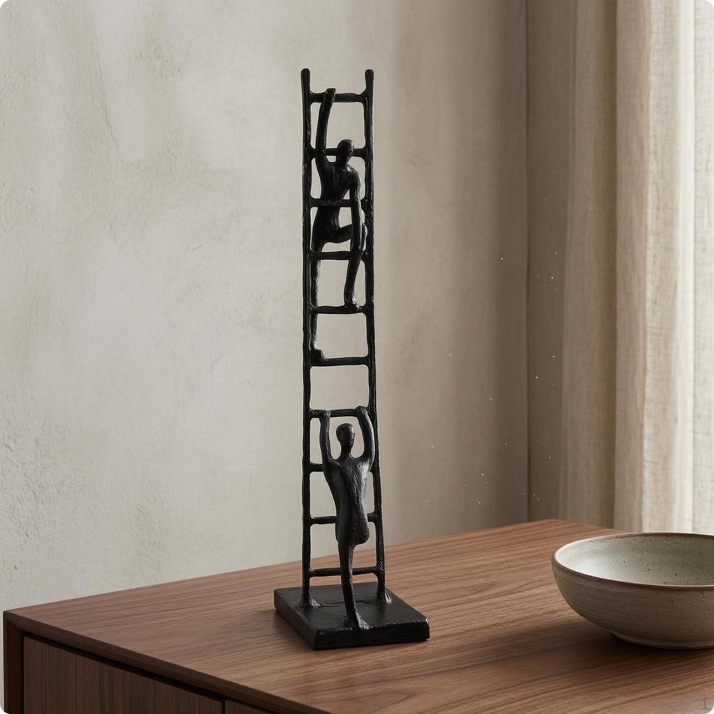 Ladder Frame Sculpture Black Metal Human Figure Abstract Tabletop Ornament Minimalist