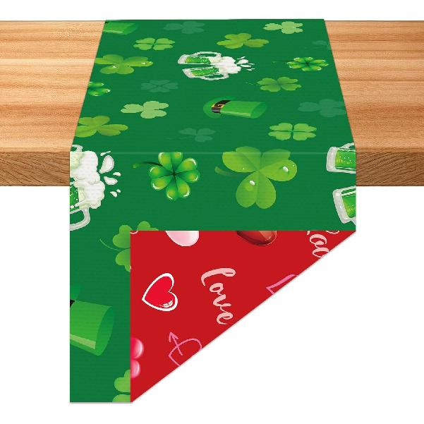 St. Patrick's Day Linen Table Runner Valentine's Day Table Runner St. Patrick Love Heart St. Patrick's Day Shamrock Table Runner for Dinning Kitchen