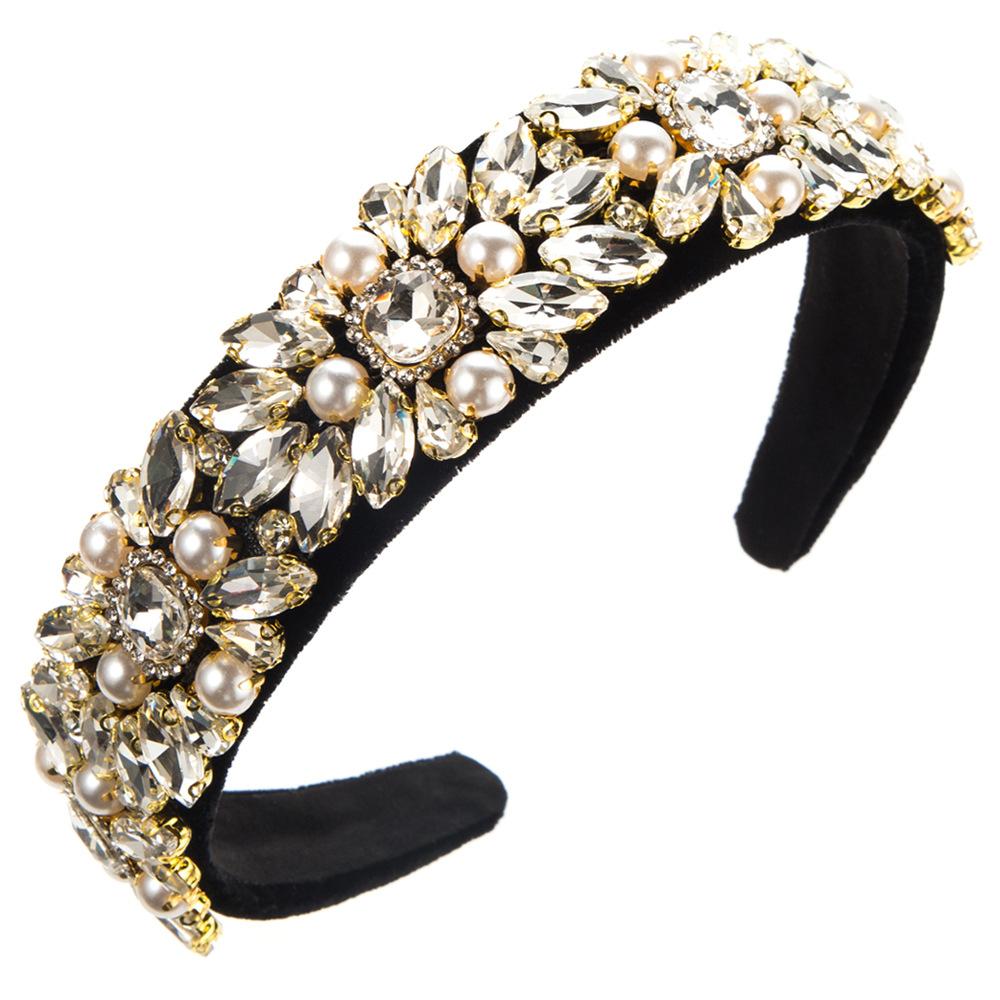 Baroque Velvet Full Diamond Headbands Pearl Shimmering Court Style Hair Accessories For Women's Party Hairband Hair Band Hoop