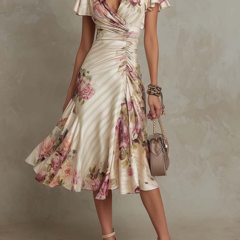 Women's Floral Print V Neck Short Sleeve Ruched Waist A Line Midi Dress