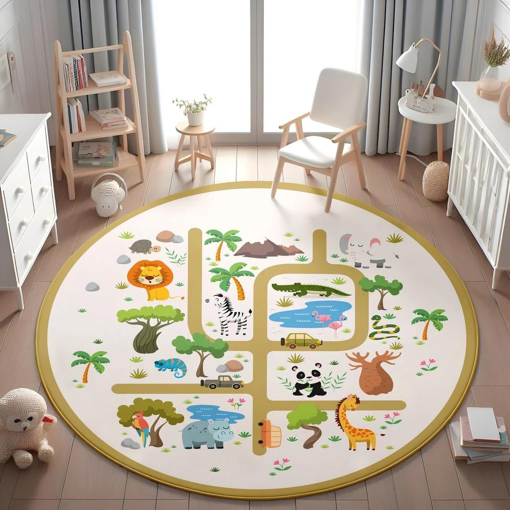 Learning Animal Playmat Giraffe Lion Baby Kids Playroom Mat World Map NonSlip Mat Safari Round Rug Kid's Animals Printed Rug