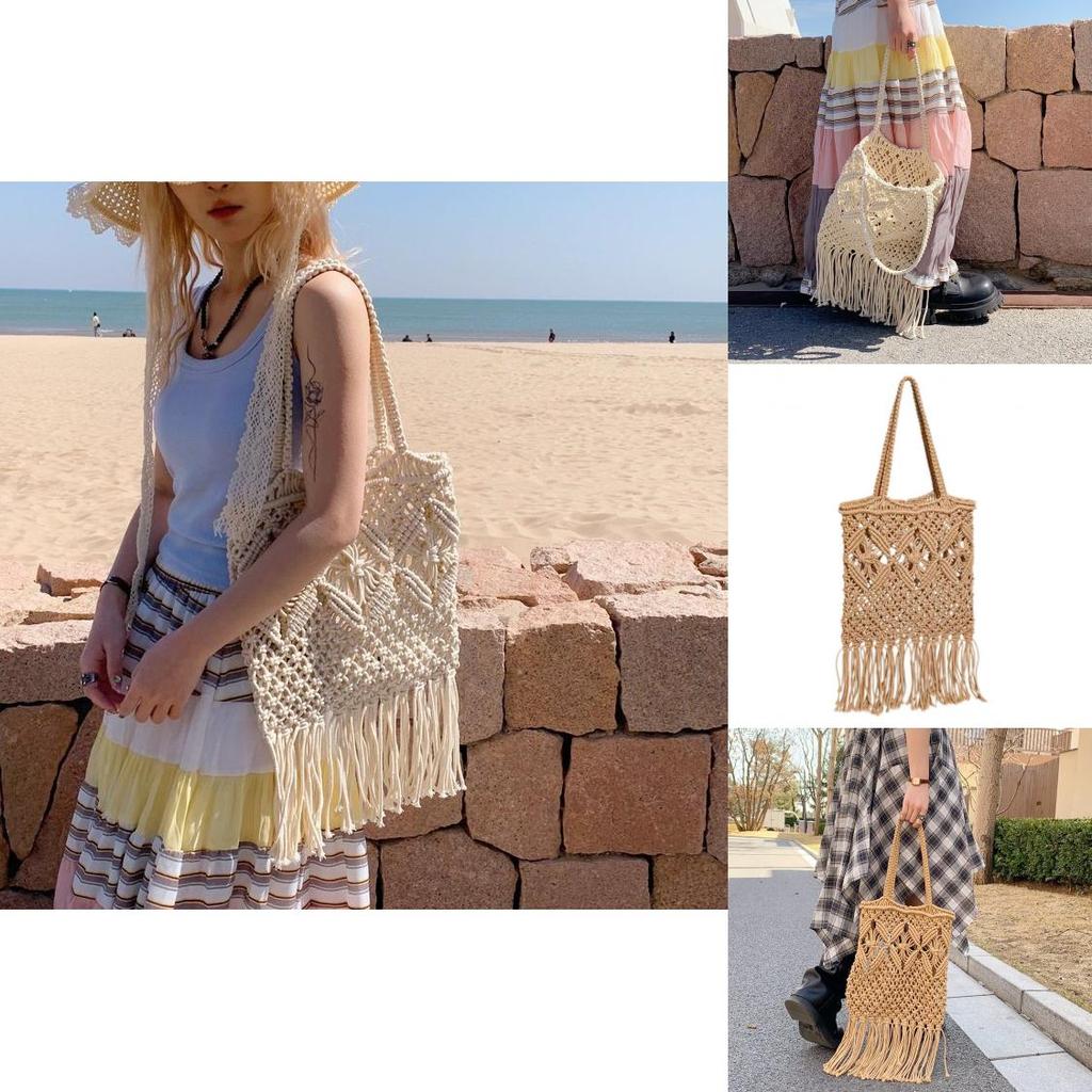 Bohemian Style Solid Color Large Capacity Women Casual Woven Bag With Tassels For Summer Beach Vacation Women