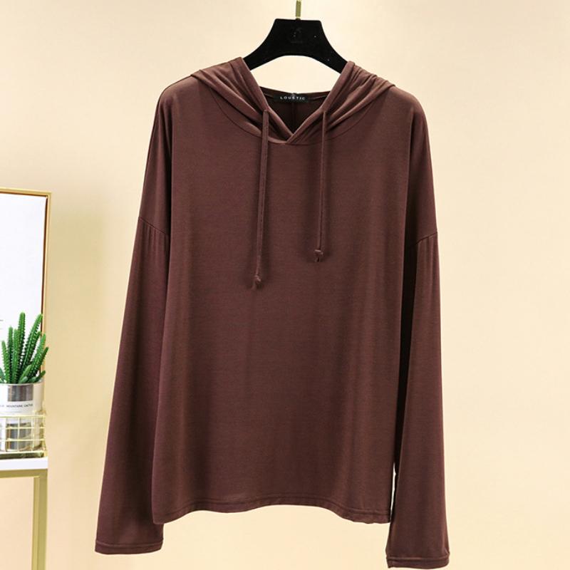 Modales Langarm-T-Shirt mit Kapuze für Damen im Frühling, lässig, große Größe, lockeres Innenhemd, dünnes Oberteil mit Sonnenschutz
