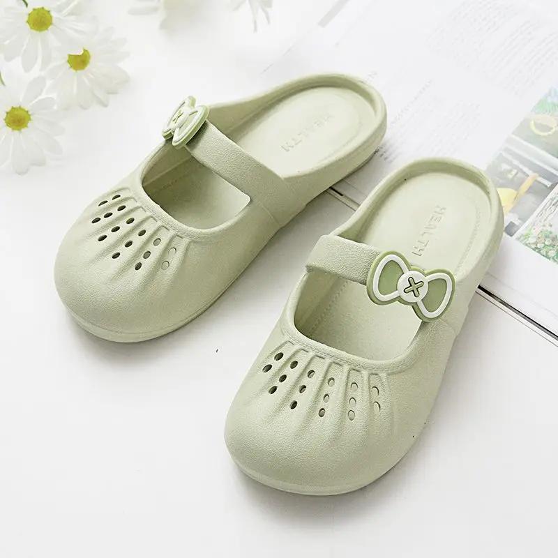 Fashion Sandals Hollow With Bow Shoes for Women Waterproof Shoe 2025 Trend Korea Style Slides Small Size Designer Luxury Woman Slippers
