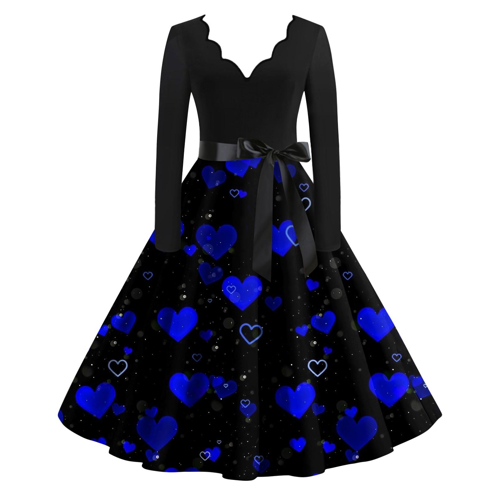 Women s Casual Fashion V-neck Long Sleeved Retro Love Print Retro Dress XXXL