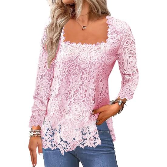 Solid Large Size Neck Color Hollow Out Square Lace Long Sleeve Soft Loose Breathable Pullover T-shirt