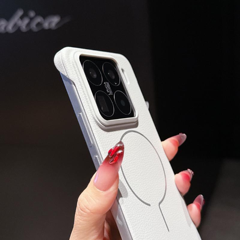 For Magsafe Magnetic Wireless Charging Solid Color Leather Not Border Hard PC Phone Case For Xiaomi 14 15 Ultra Pro Bumper Cover