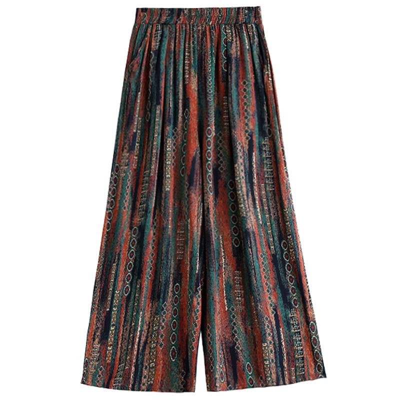 Women's Plus Size Cotton Silk Printed Wide Leg Pants, Elastic Waist Casual Summer Trousers (XL-5XL)