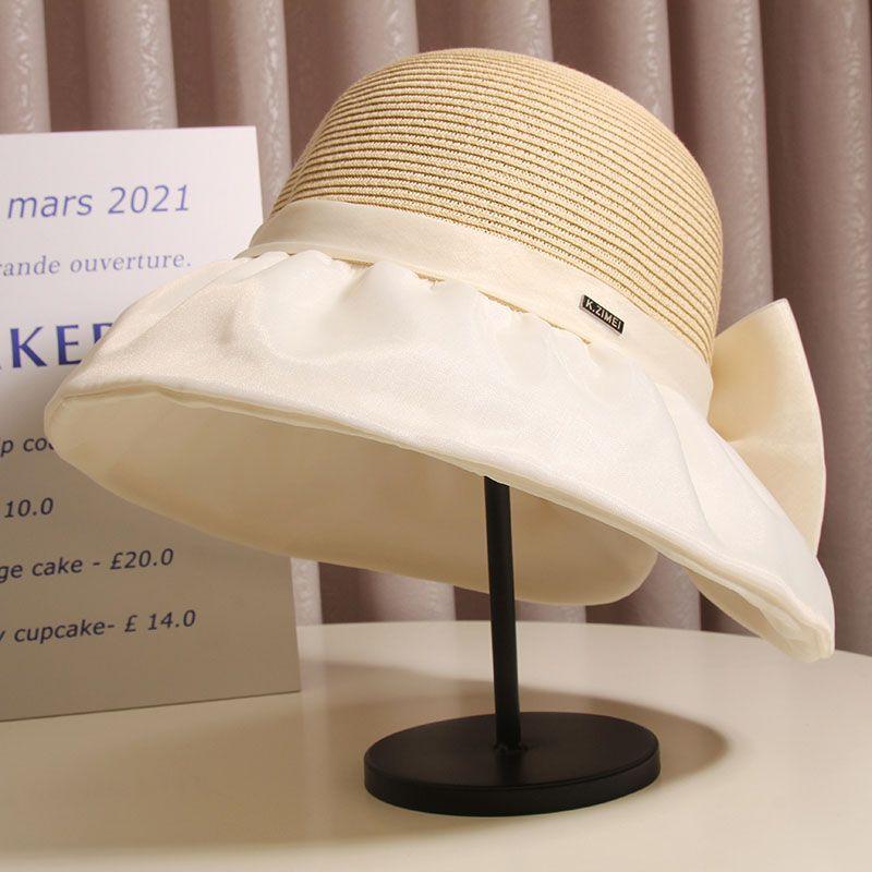 Bowknot Straw Hat Elegant Solid Color Sun Hats Style Summer Travel Beach Hats for Women