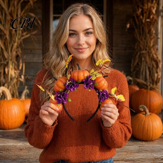 Bequemes Lang tragbares Stirnband Halloween Haarreif, Schwarz mit 3D Kürbis Herbstlaub Accessoire Rote Blumen, Universell Thanksgiving Tag Party