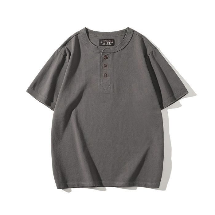 Retro Henry Neck Shirt Men's Short-sleeved T-shirt Summer Trendy Loose Large-size Pure Cotton Shirt