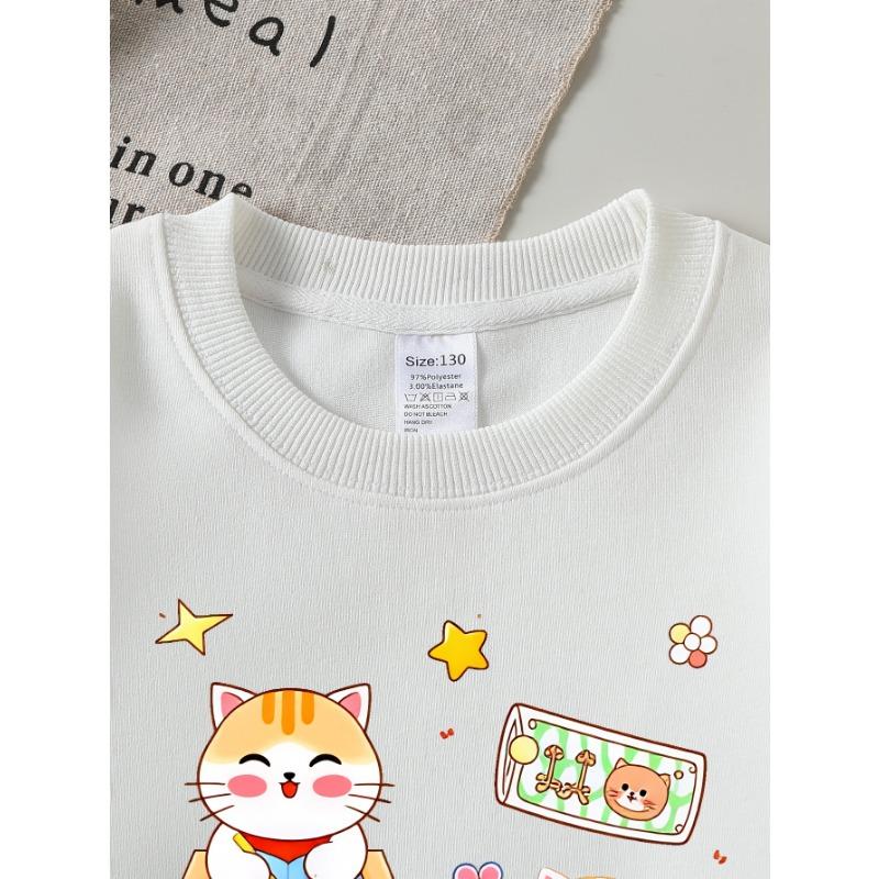 European Sizes Girls Soft Crewneck Sweatshirt Cute Cat Reading Books Study Pattern, Casual for Fall Winter, Ideal Holiday Present.