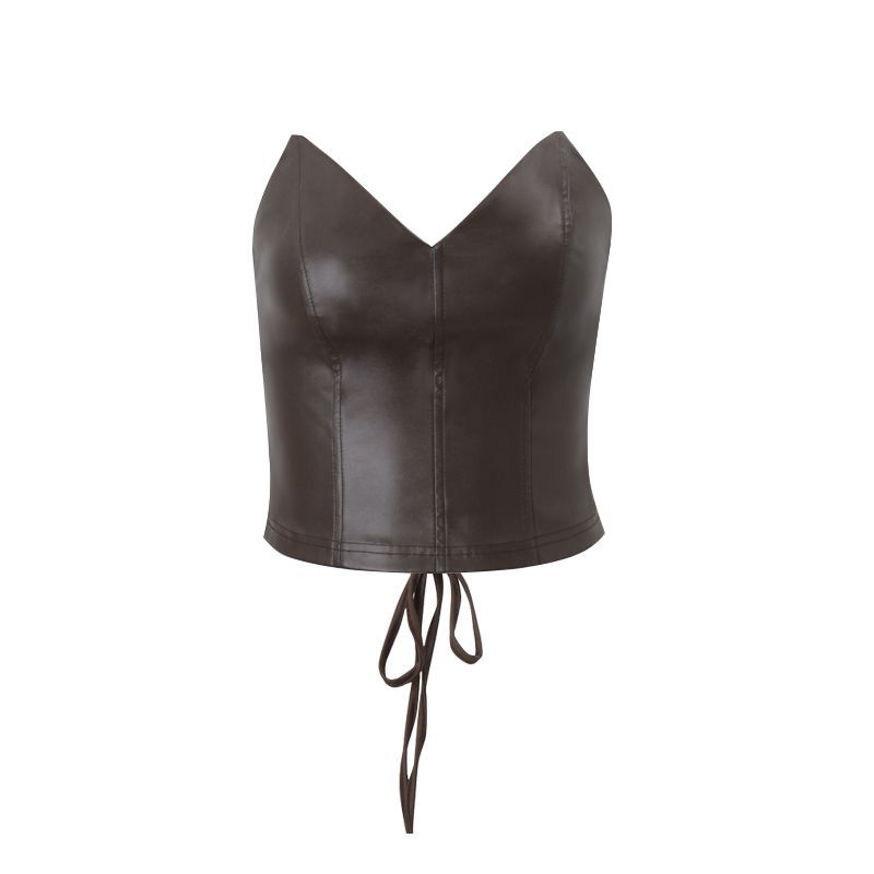 

Сладкий Крутой Гяру Стиль Ретро ПУ Кожа V-образный Вырез Бретельки Ками Трехмерный Цветок Завышенная Талия Половина Тела Короткое платье Комплект Женский Brown sling S