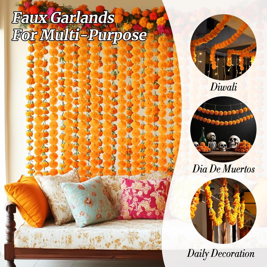 5PCS 5 Feet Marigold Garland for Decoration - Marigold Flowers Garlands for Indian Diwali Day of The Dead Decorations, Indian Weddings (Orange)
