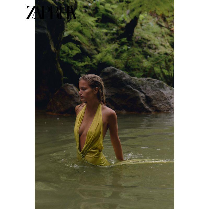 Zaprha 2025 Summer New Trendy Fashion Backless Print Knot Hanging Collar Length Dress 8030363