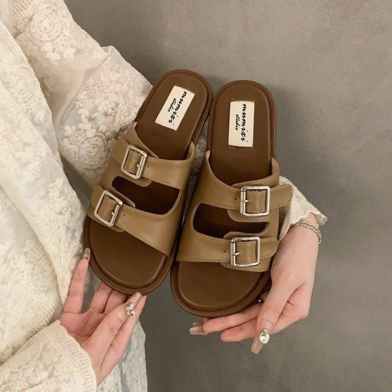 Luxury Women's Flat Slippers Adjustable Buckle Simple Sandals Fashion Trendy Beach Slippers for Women Home Mute Non-slip Sandals