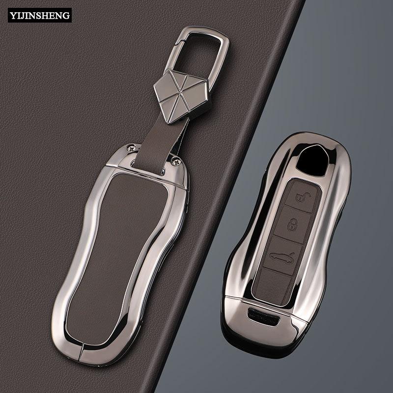 Zinc Alloy + PU Leather Car Key Case Cover Keychain For Porsche Panamera Spyder Carrera Macan Boxster Cayman Cayenne 911 970 981