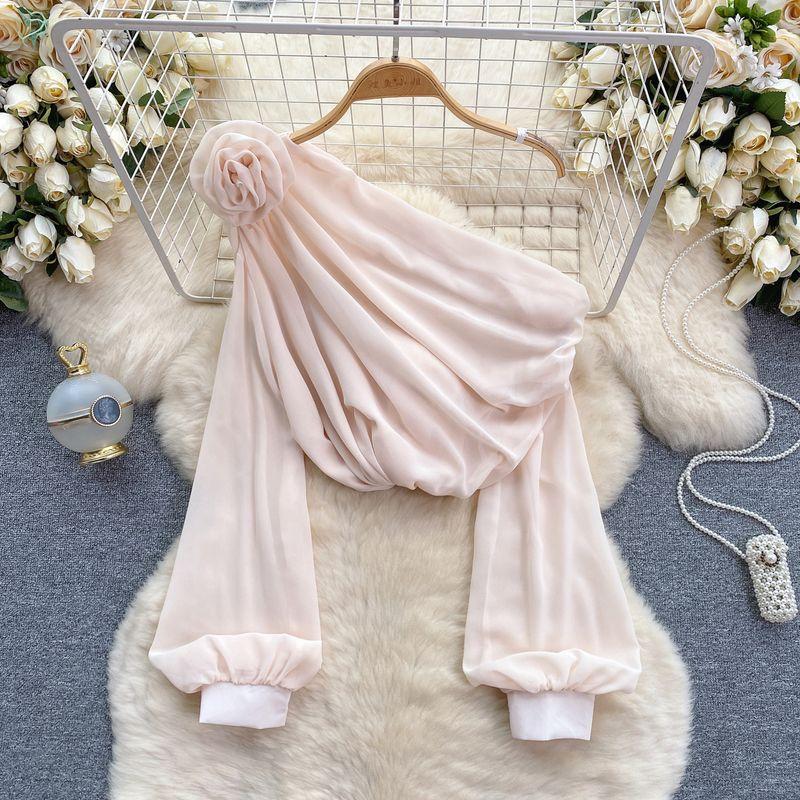 Shirt for Women 2024 New Design Sense Three-Dimensional Flower Diagonal Collar off-the-Shoulder Puff Sleeves French Tops Women's Spring Fashion