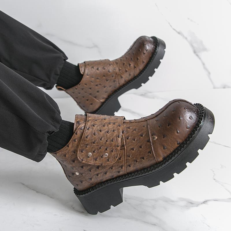 Men’s Retro Punk Thick Sole Platform Boots Elevator Boots Black Zipper Round Toe Motorcycle Boots High Boots Plus Size