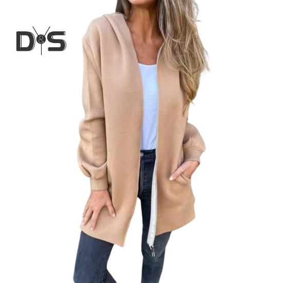 Damen Wintermantel mit Kapuze, dick, Reißverschluss, einfarbig, elastische Bündchen, mittellang, lange Ärmel, Thermo-Wollmantel für den Alltag